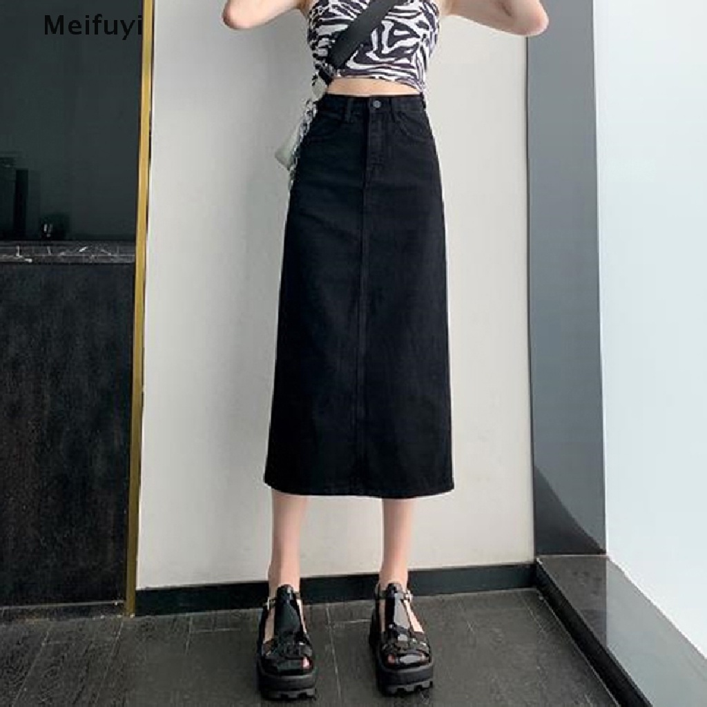 [Meifuyi] Chân Váy Denim Quấn Phía Trước Xẻ Tà Cao Cổ Điển Cá Tuyết Mới Cho Nữ