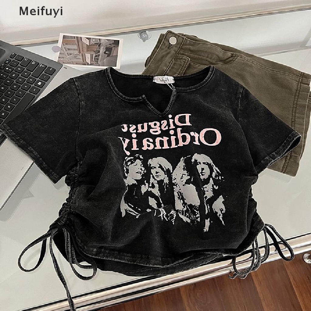 Áo Thun Tay Ngắn Cổ Chữ V Phối Dây Rút In Họa Tiết Phong Cách Retro Mỹ Thời Trang Mùa Hè Cho Nữ