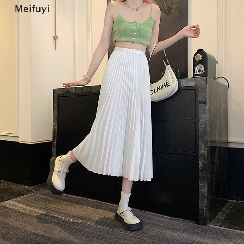 [Meifuyi] Chân Váy Dài Xếp Ly Lưng Cao Xếp Ly Màu Sắc Kim Loại Cao Cấp Phong Cách Vintage Hàn Quốc S Saias COD