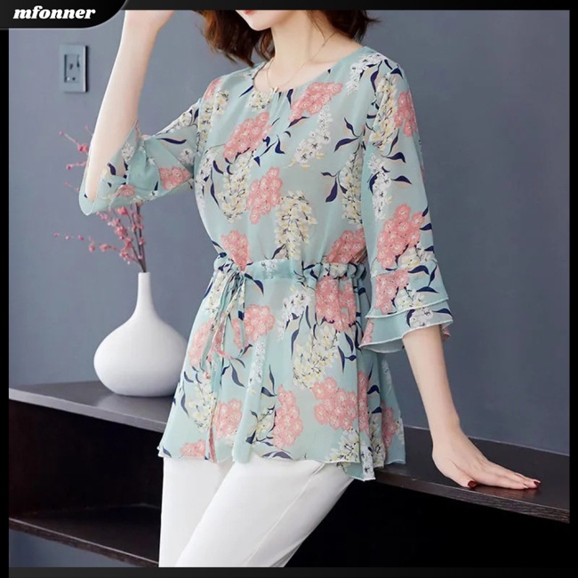 Áo Thun Chui Đầu Dáng Rộng Tay Chuông In Hoa Kiểu Retro Thời Trang Cho Bạn Gái