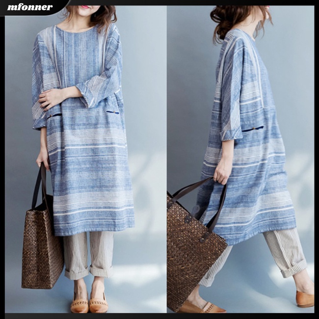 Đầm Cotton Lanh Cổ Tròn Tay Lửng Họa Tiết Kẻ Sọc Thời Trang Cho Nữ