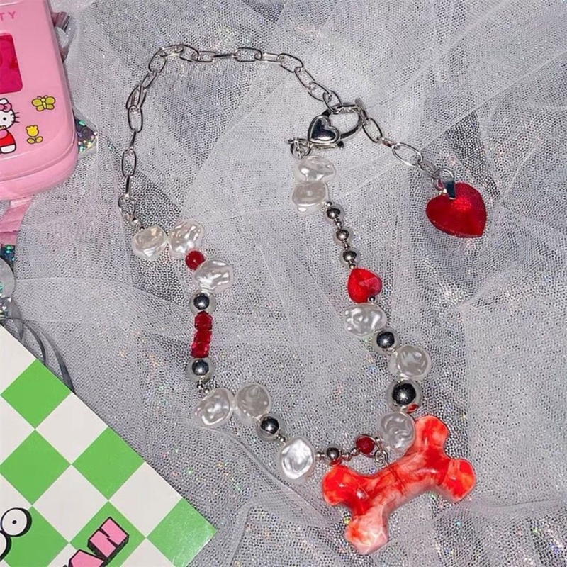Vòng Cổ Hình Xương Máu Phong Cách Gothic Punk ​Vòng Cổ Choker Đính Hạt Ngọc Trai Không Đối Xứng Phong Cách Punk Thời Trang