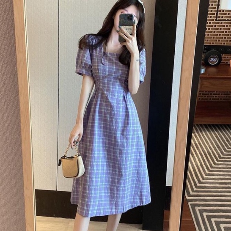 Đầm Midi Cổ Vuông Họa Tiết Sọc Caro Phong Cách Cổ Điển Thời Trang Mùa Hè Xinh Xắn Cho Nữ