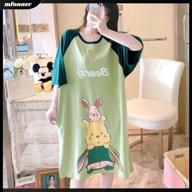 Đồ ngủ Lụa Tay Ngắn Cổ Tròn Dáng Rộng In Họa Tiết Hoạt Hình Xinh Xắn Cho Nữ