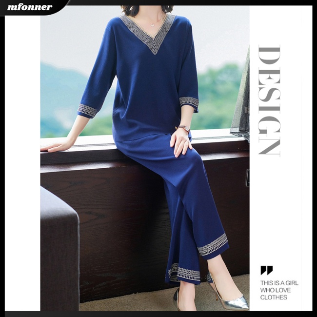 Bộ Trang Phục 2 Mảnh Áo + Quần Dài Dáng Rộng Cổ Chữ V Thoáng Khí Màu Trơn Đơn Giản Hợp Thời Trang Cho Nữ