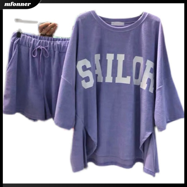 Set 2 Món Áo Thun Tay Ngắn In Chữ + Quần Short Ống Rộng Thời Trang Cho Nữ