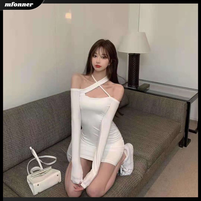 Đầm Tay Dài Hở Vai Cổ Yếm Eo Cao Co Giãn Màu Sắc Đơn Giản Dành Cho Nữ