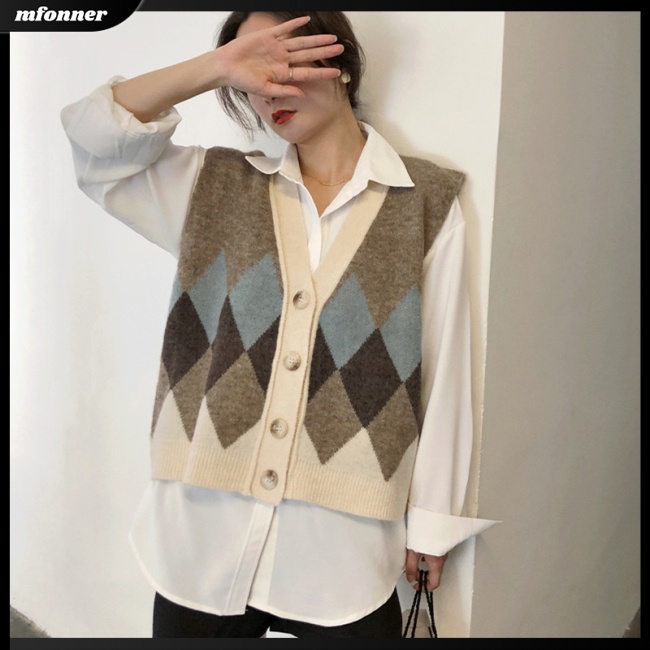 Áo Khoác Cardigan Dệt Kim Không Tay Dáng Rộng Cổ Chữ V Hoạ Tiết Hình Thoi Phong Cách Retro Cho Nữ