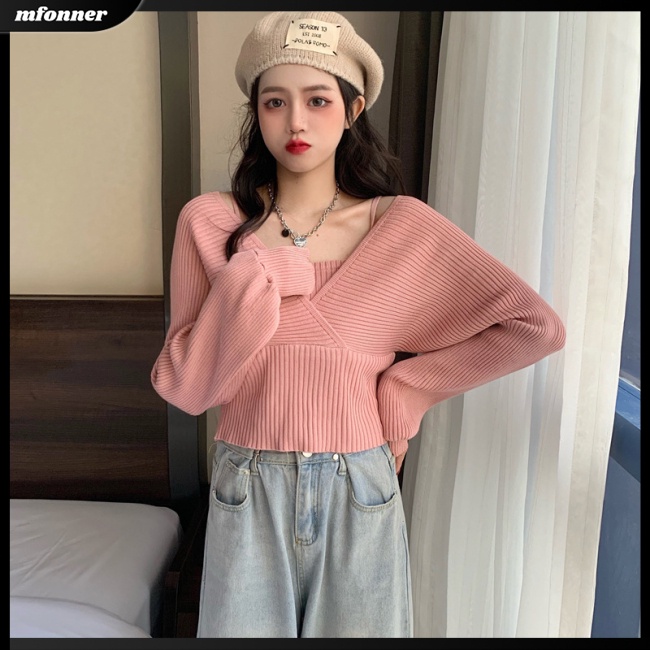 Áo Sweater Dệt Kim Cổ Vuông Tay Dài Giả Hai Lớp Màu Sắc Đơn Giản Cho Nữ