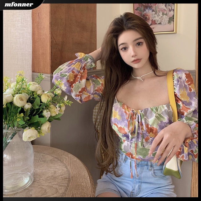 Áo Kiểu Tay Phồng Cổ Thuyền In Họa Tiết Hoa Thắt Nơ Xinh Xắn Thời Trang Cho Nữ