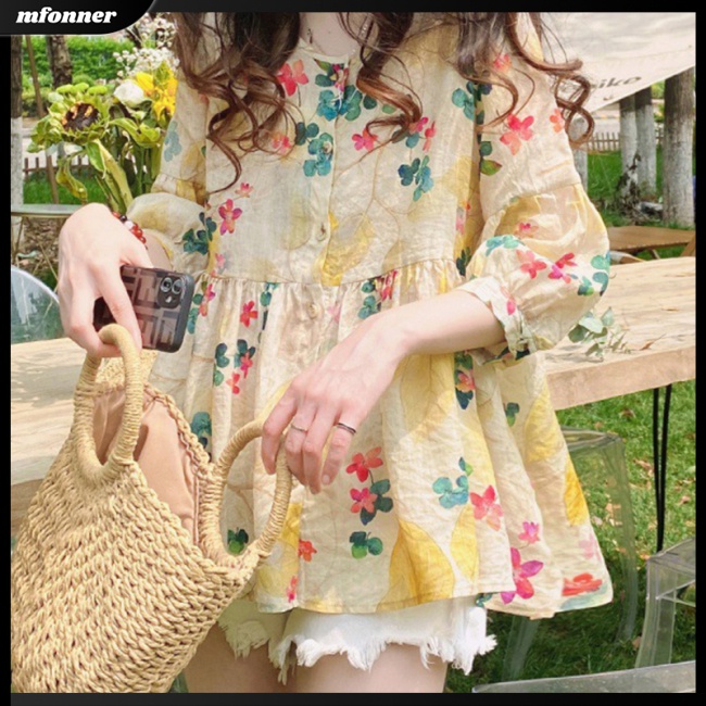 Áo Sơ Mi Tay Phồng Cổ Tròn In Họa Tiết Hoa Xinh Xắn Dành Cho Nữ