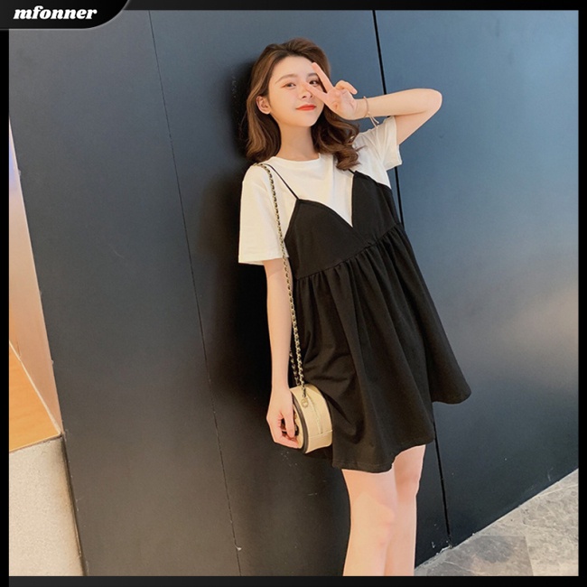 MV Women  Suspenders  Fake  Two-piece  Dress Milk Silk Fashion Loose Casual Short-sleeved Doll Skirt