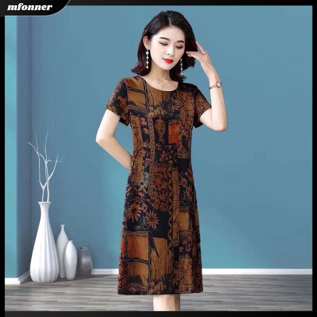 Đầm Midi Giả Lụa Lạnh Tay Ngắn Cổ Tròn Dáng Rộng Thời Trang Cho Nữ