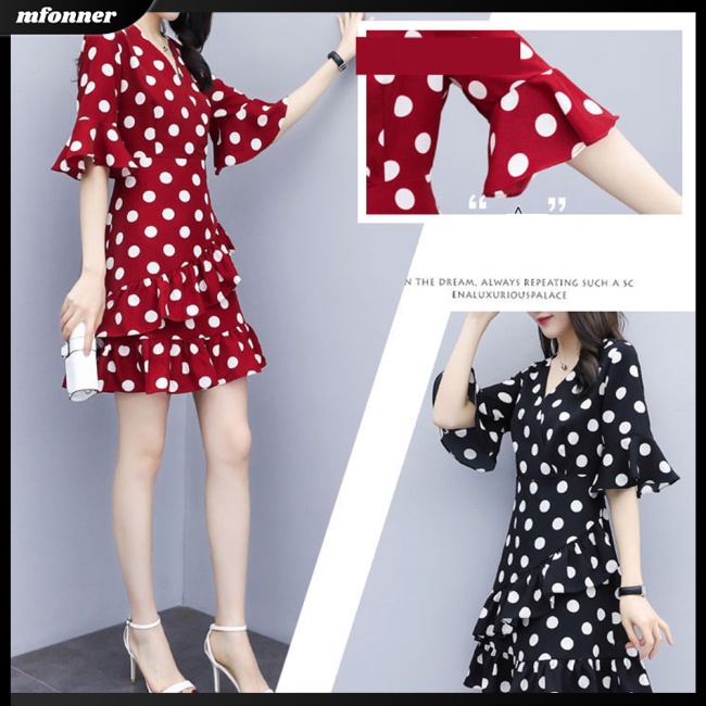 Đầm Chiffon Cổ Chữ V Họa Tiết Chấm Bi Phối Bèo Thời Trang Cho Nữ