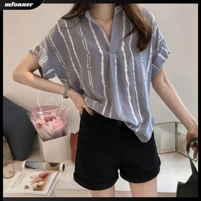 Áo Sơ Mi Tay Ngắn Dáng Rộng Họa Tiết Kẻ Sọc Thiết Kế Cỡ Lớn Thời Trang Trẻ Trung