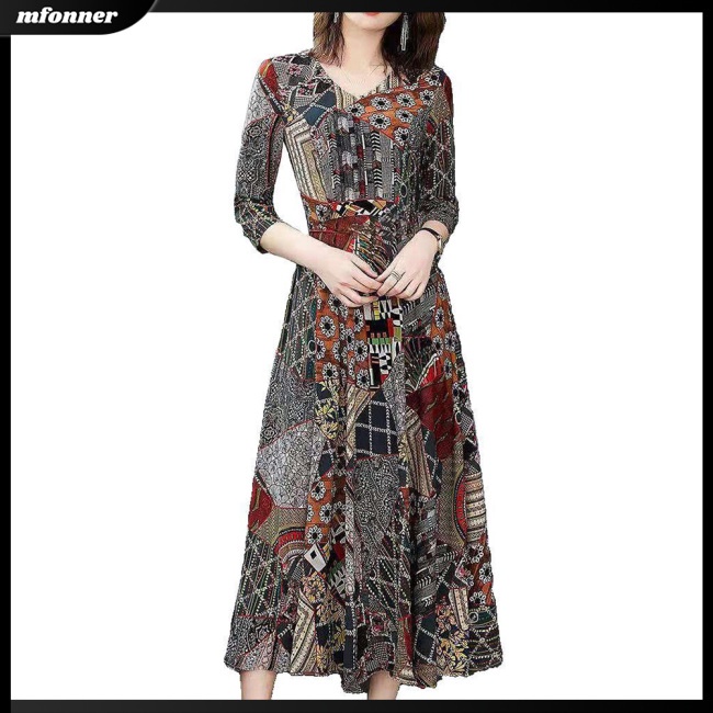 Đầm Dự Tiệc Tay Lửng Cổ Chữ V In Họa Tiết Thời Trang Cho Nữ