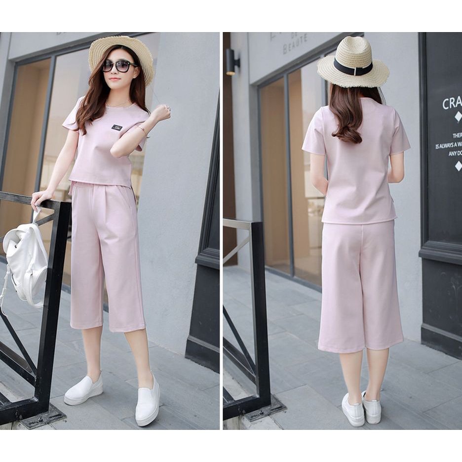Bộ Áo Croptop Ngắn Tay + Quần Ống Rộng Lưng Cao Thời Trang Mùa Hè Hàng Mới Năm 2021