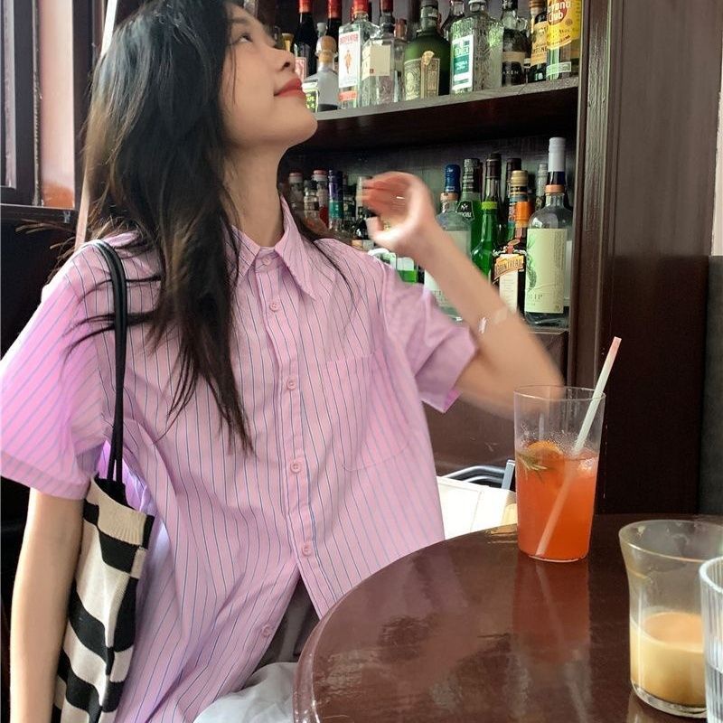 Áo Sơ Mi Tay Ngắn Dáng Rộng Họa Tiết Kẻ Sọc Màu Hồng Phong Cách Preppy Thời Trang Mùa Hè Hàng Mới