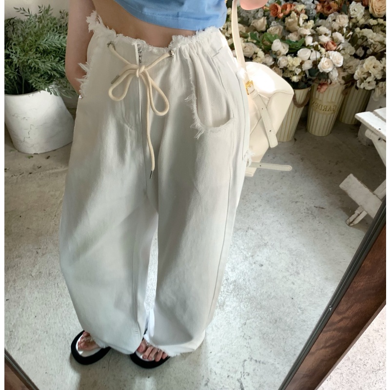 Quần Jean Lưng Cao Ống Rộng Phối Dây Rút Thời Trang Cá Tính Cho Nữ