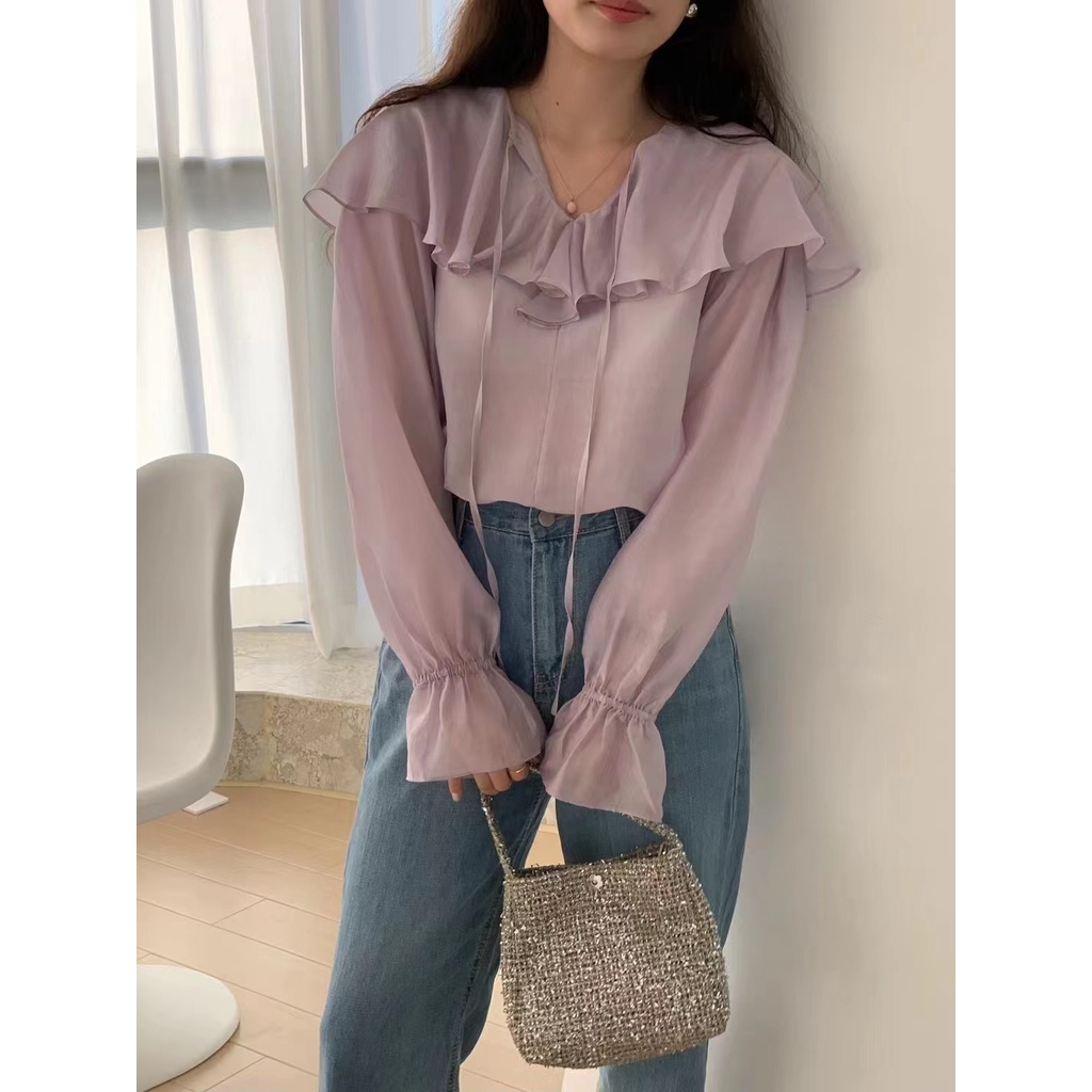 Áo Sơ Mi Tay Loe Dài Phối Bèo Nhún Nữ Tính