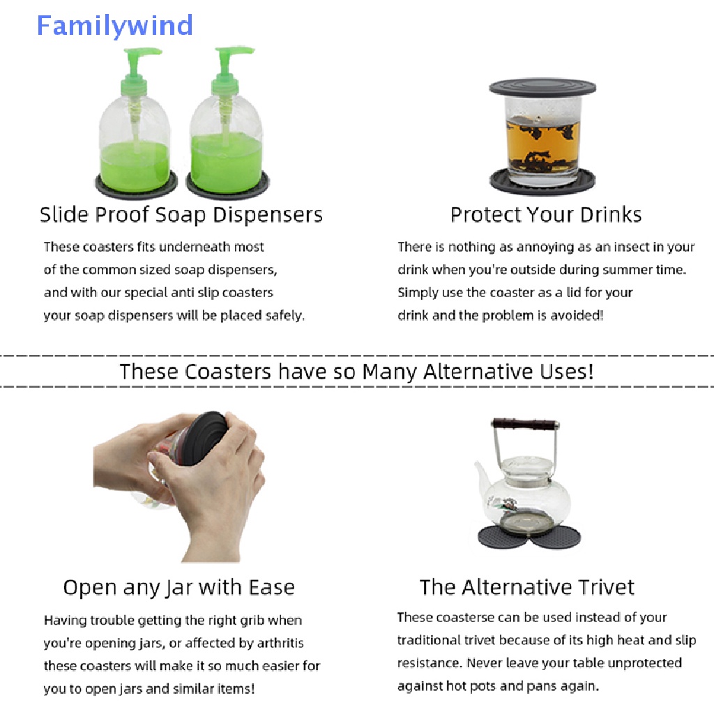 Familywind &gt; Bộ 6 Tấm Lót Ly Tròn Hai Mặt Bằng Silicon Có Rãnh Sâu Kèm Giá Đỡ Cho Bếp Gas