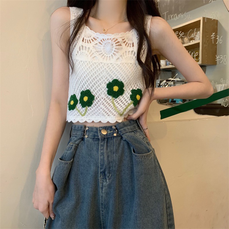 Áo Hai Dây Dệt Kim Họa Tiết Hoa Thời Trang Mùa Hè Phong Cách Mới