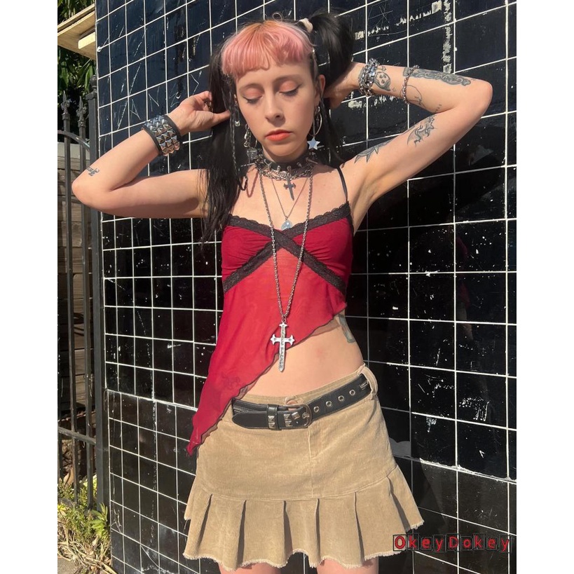 Áo Croptop Hai Dây Phối Ren Lưới Thời Trang Cho Nữ