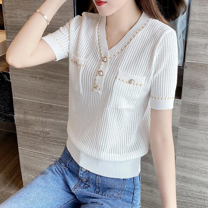 Áo Thun Dệt Kim Tay Ngắn Vải Lụa Mát Mỏng Thời Trang Mùa Hè Cho Nữ