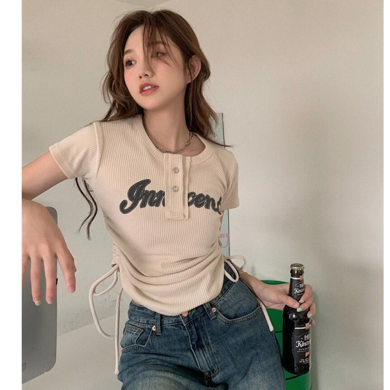 Áo Thun Ngắn Tay In Chữ Phối RENJIANVSHENG Dây Rút Cá Tính Cho Nữ