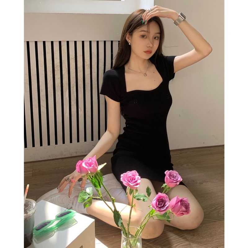 Đầm Dệt Kim Tay Ngắn Cổ Vuông Dáng Ôm Thời Trang Xinh Xắn Cho Nữ