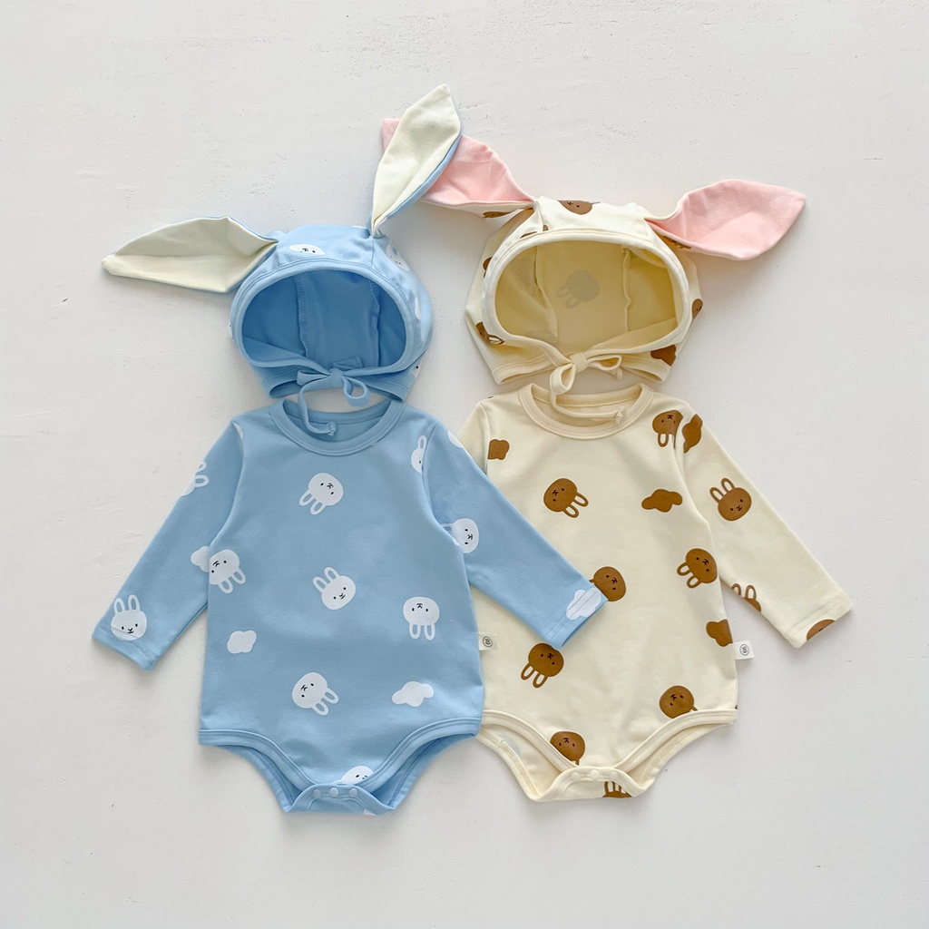 Bộ Áo Liền Quần Tay Dài In Hình Thỏ Kèm Mũ Dễ Thương Cho Bé Sơ Sinh