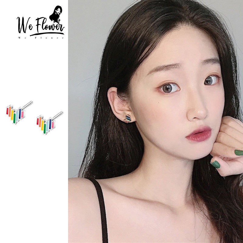 We Flower Bông Tai Mạ Bạc 925 Hình Trái Tim Nhỏ Màu Cầu Vồng Phong Cách Hàn Quốc Thời Trang Cho Nữ