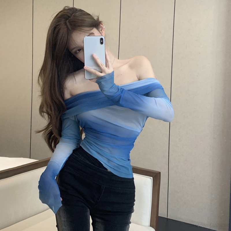 Áo Thun Tay Dài Phối Lưới Nhuộm Màu Phong Cách Hàn Quốc Thời Trang Cho Nữ