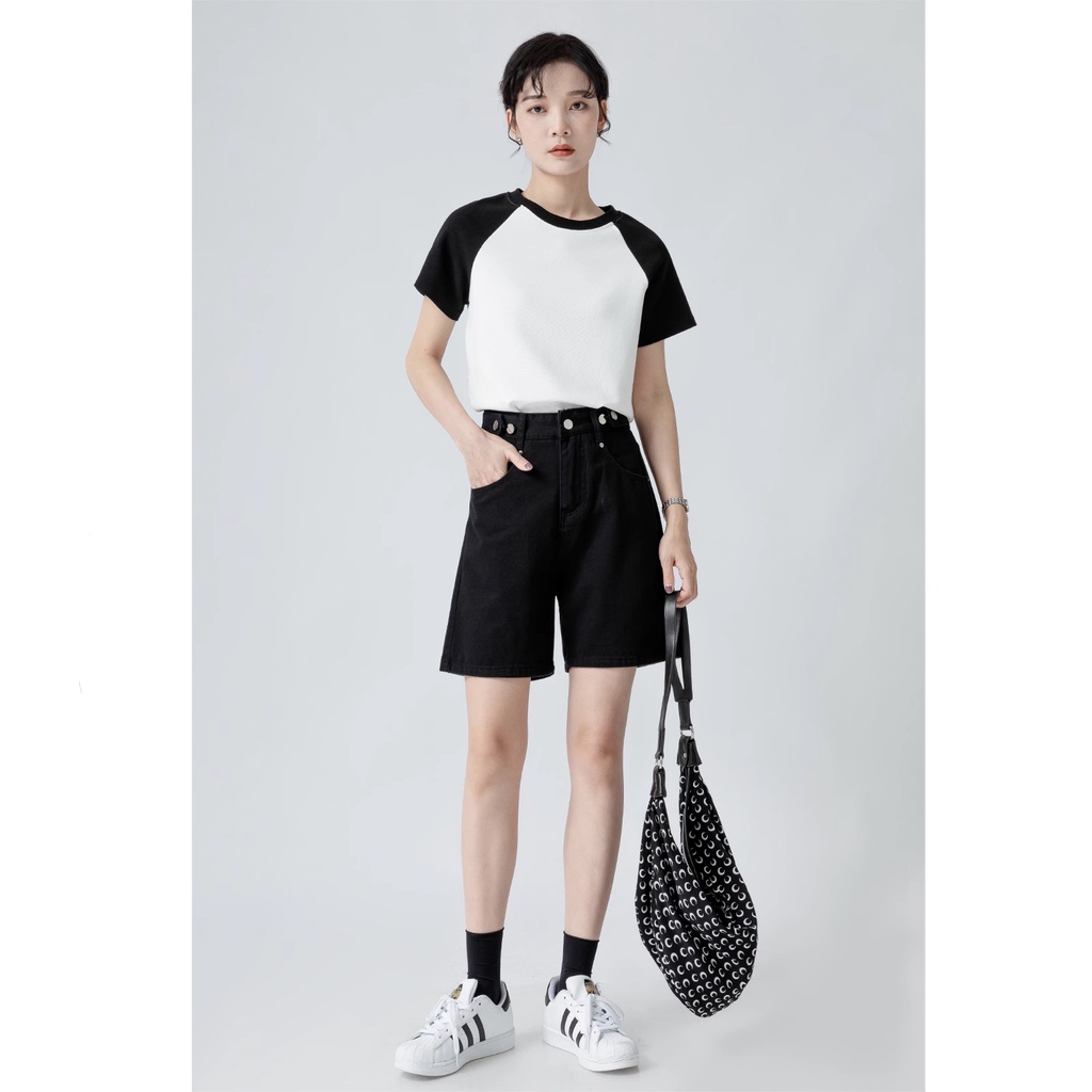 SUXI Áo Thun Cotton Cổ Tròn Dáng Ôm Màu Sắc Tương Phản Thời Trang Mùa Hè Dành Cho Nữ