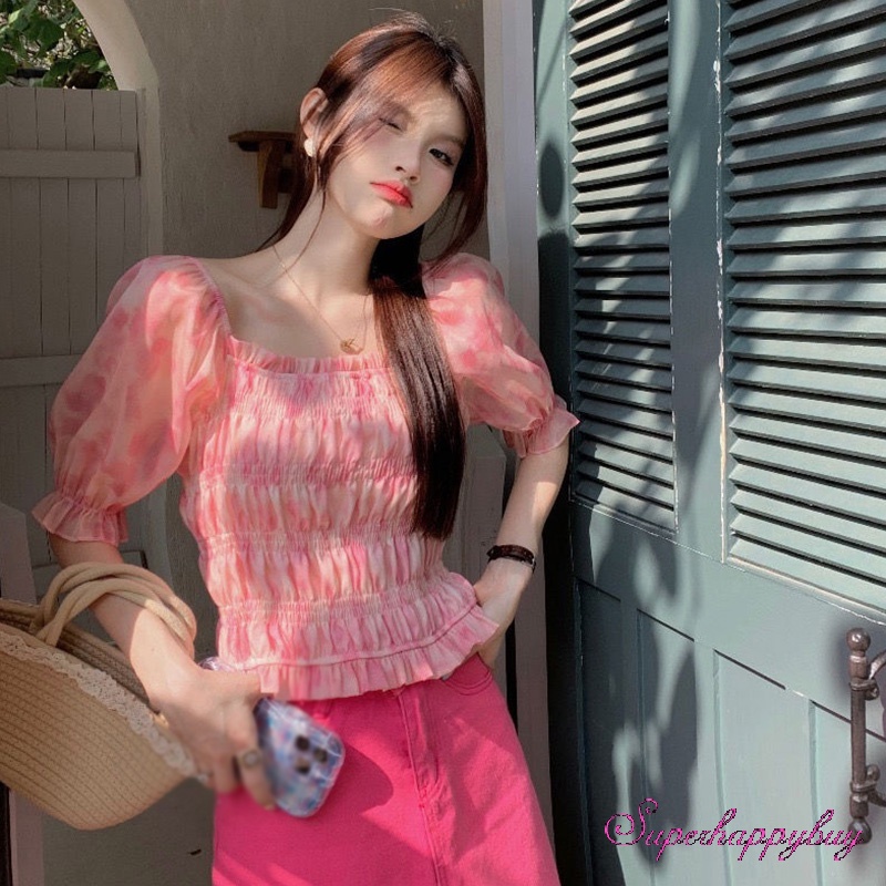 Áo Chiffon Cổ Vuông Dáng Ôm Thời Trang Mùa Hè Xinh Xắn Cho Nữ