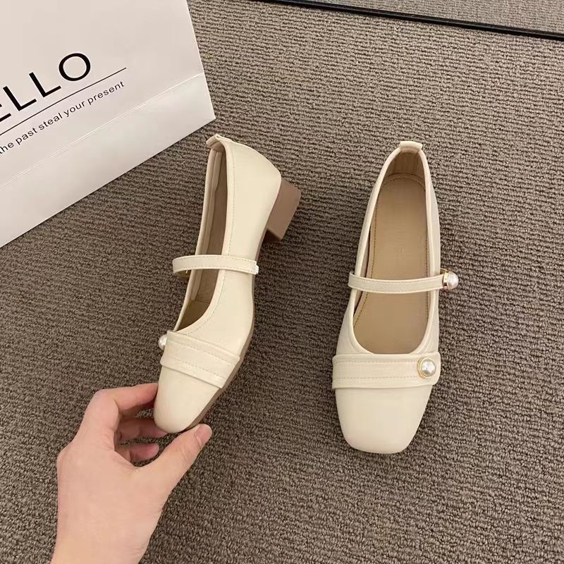 Giày Búp Bê Mũi Vuông Đính Ngọc Trai Màu Sắc Ngọt Ngào Nữ Tính