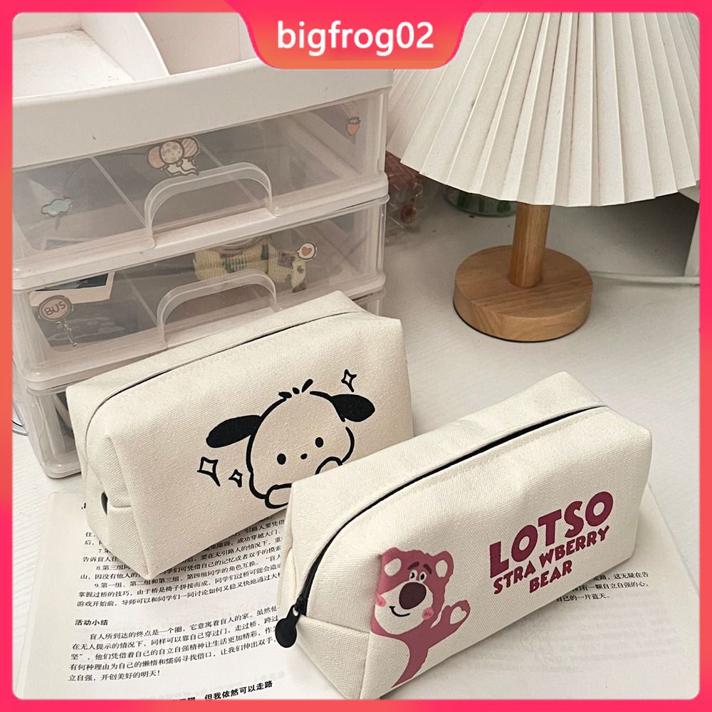 Túi Đựng Bút Vải Canvas In Hoạt Hình Gấu Dâu Tây Dễ Thương Cho Học Sinh