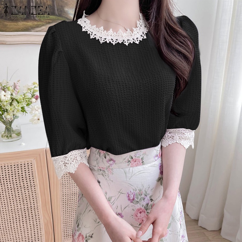 Zanzea Áo Kiểu Tay Lỡ Phối Ren Cổ Tròn Thời Trang Thanh Lịch Cho Nữ