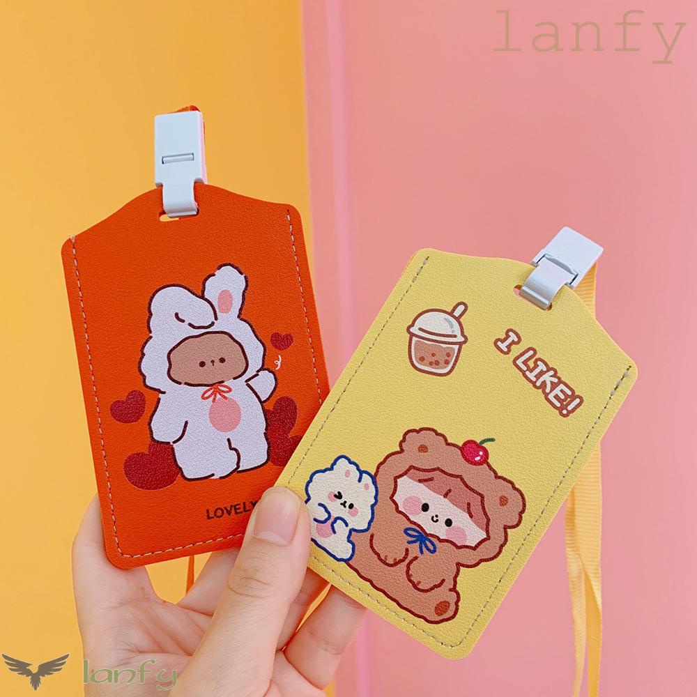 Bao da đựng thẻ có dây đeo cổ in họa tiết gấu hoạt hình dễ thương dành cho nữ