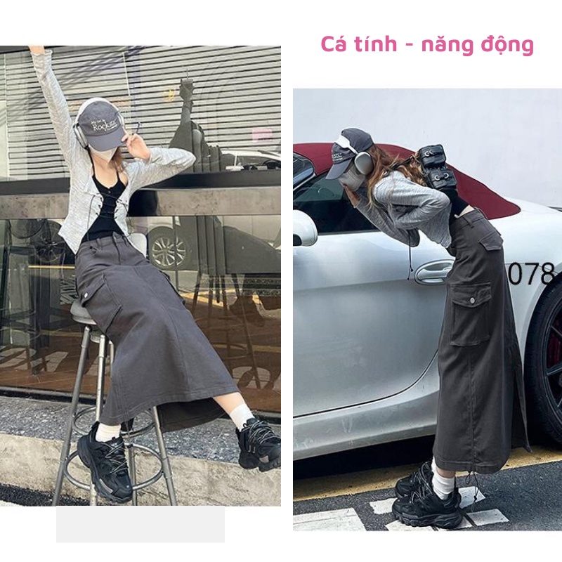 Chân váy kaki túi hộp dáng dài midi y2k phong cách ulzzang vintage dây rút xẻ sau cá tính trẻ trung đen ghi xám CV62