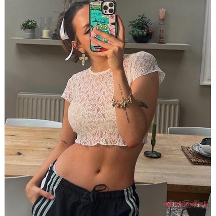 Áo Sơ Mi Mùa Hè Tay Cộc Cổ Tròn Xuyên Thấu In Họa Tiết Hoa Cho Nữ