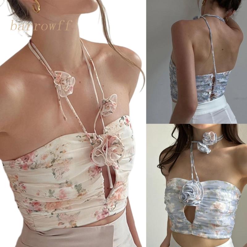 Brroa Áo Ống Ngắn Y2K Khoét Rỗng In Hoa Hồng Có Dây Đeo Cổ