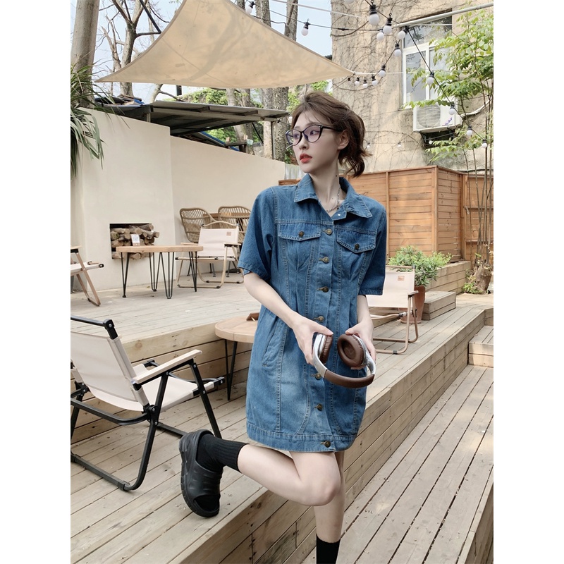 Đầm Denim Cổ polo Ôm Eo Thời Trang Mùa Hè Cho Nữ
