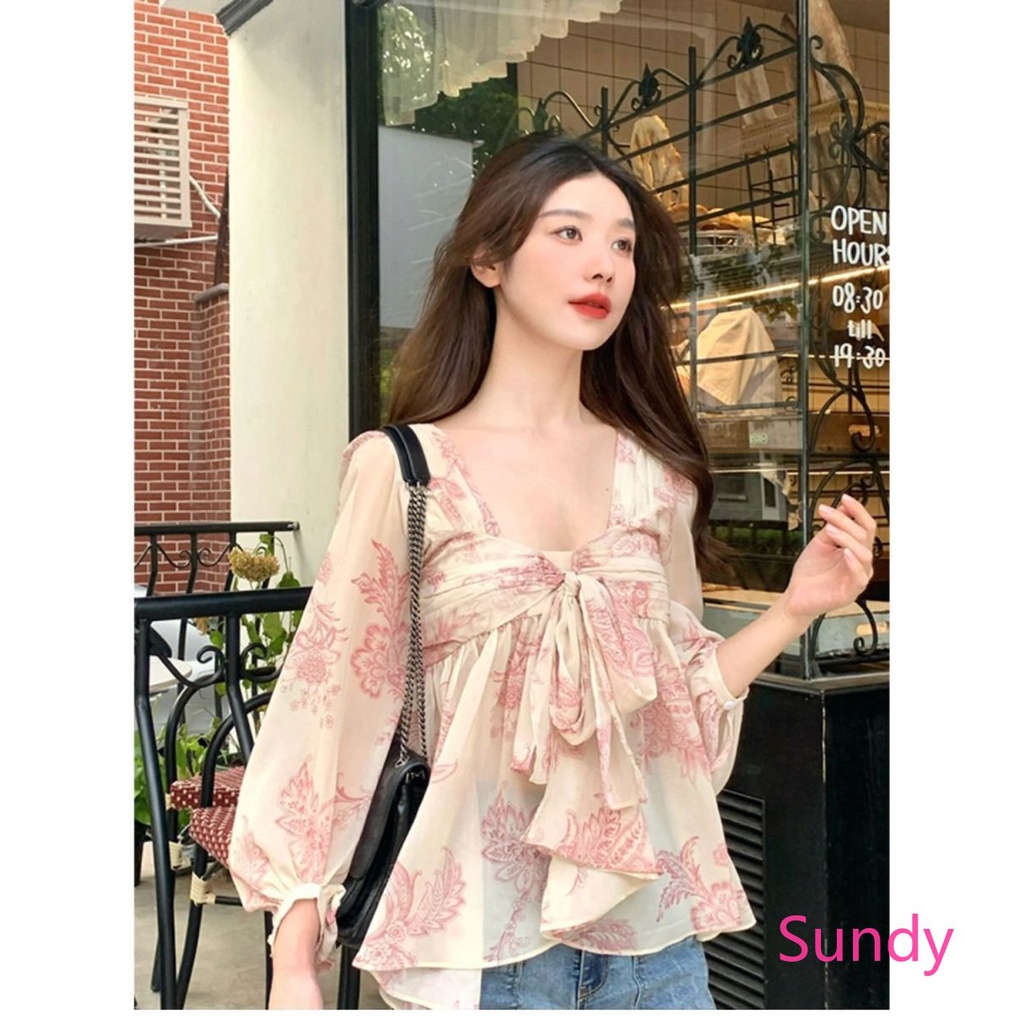 Áo Sơ Mi Voan Hai Dây Thắt Nơ In Họa Tiết Hoa Nhí Xinh Xắn Thời Trang Hè Kiểu Pháp Cho Nữ