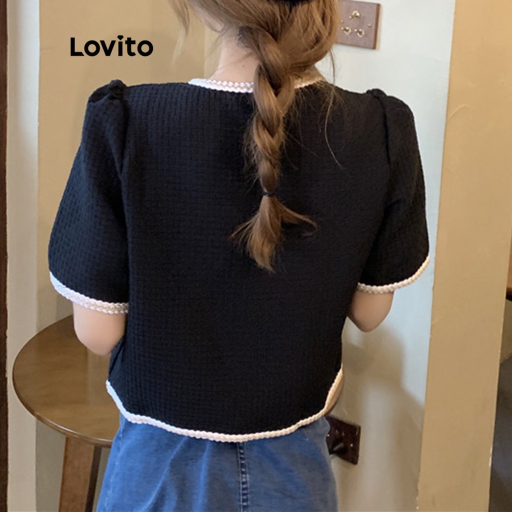 Áo Lovito phối dây tương phản túi trước nút trơn cơ bản cho nữ LNA03034 (màu trắng/ đen)