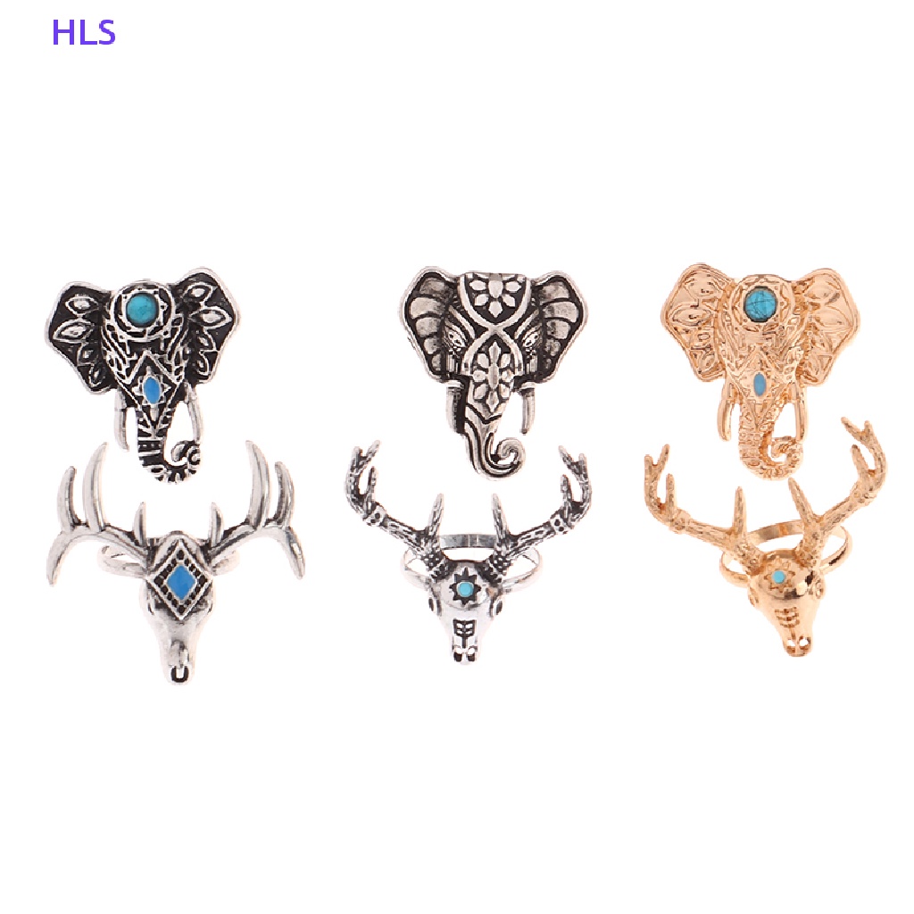 Nhẫn Hở Mạ Bạc Hình Đầu Hươu / Voi Phong Cách Boho Cổ Điển Có Thể Điều Chỉnh Kích Thước Dành Cho Nữ