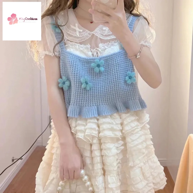 Áo Hai Dây Dệt Kim Họa Tiết Hoa Dễ Thương Phong Cách Nhật Bản Thời Trang Mùa Hè Cho Nữ
