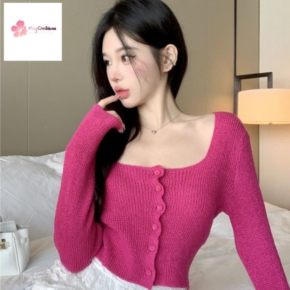 Áo Dệt Kim Dài Tay Cổ Vuông Dáng Ôm Thời Trang Mùa Thu Thanh Lịch