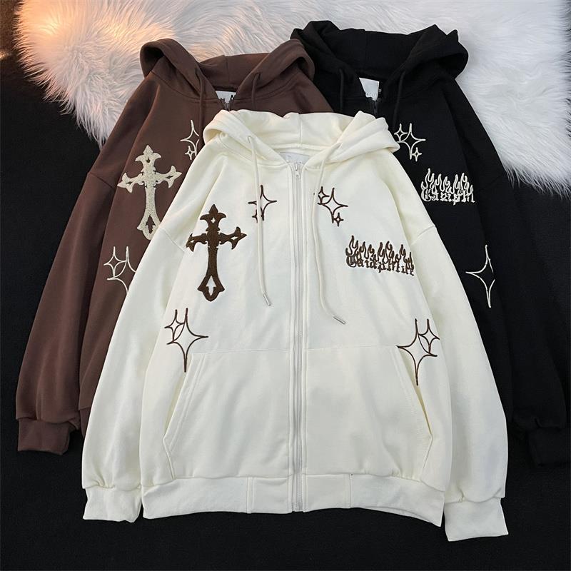 Áo Hoodie Dáng Rộng Thêu Chữ Thập Phong Cách Hip Hop Thời Trang Xuân Thu Cho Nam Và Nữ