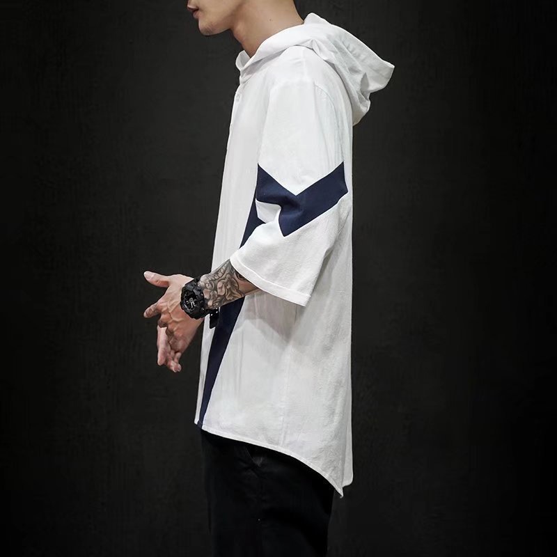 Áo Hoodie Tay Lửng Dáng Rộng Cỡ Lớn Màu Sắc Tương Phản Phong Cách Nhật Bản Cho Nam